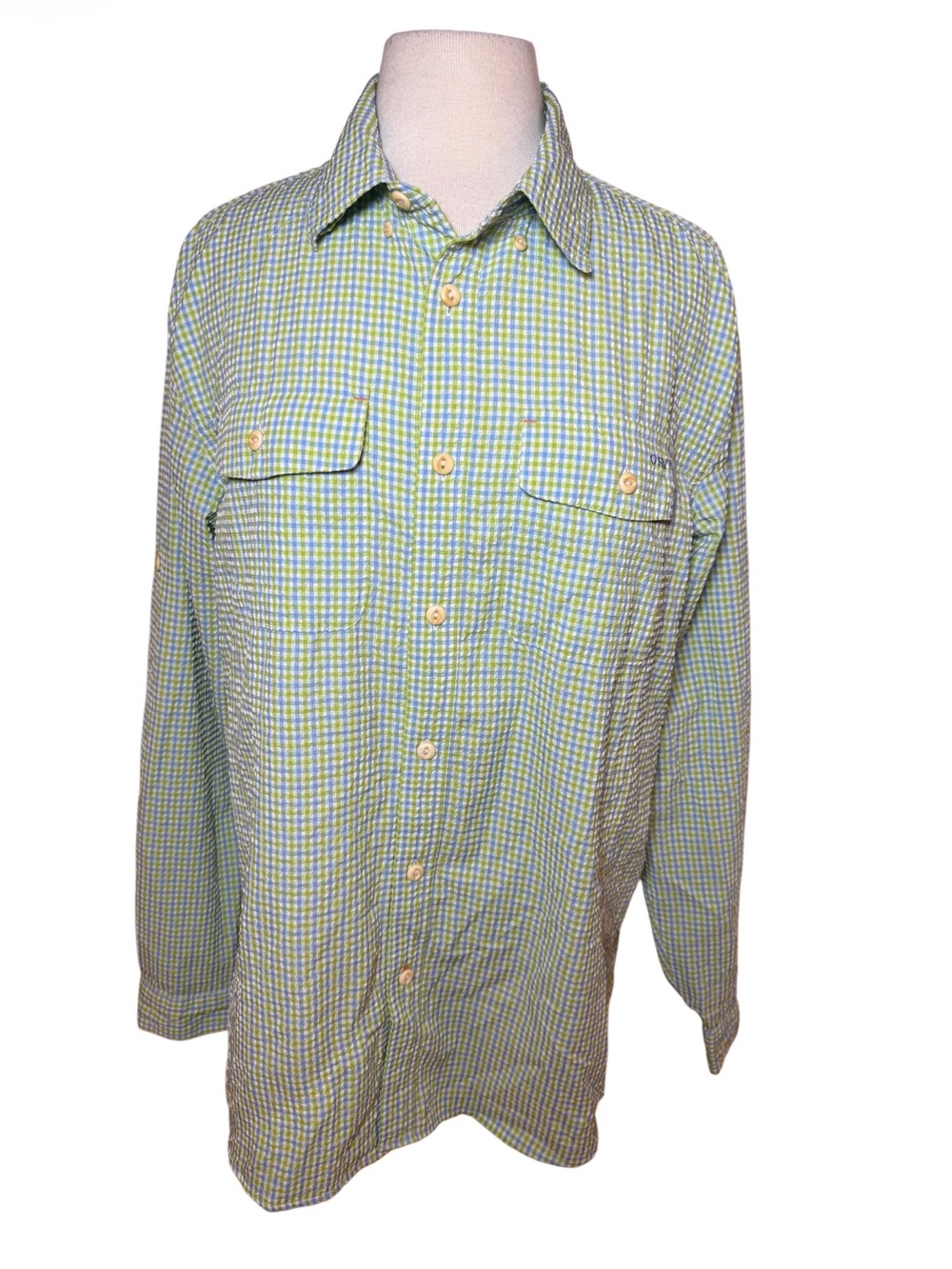 Orvis Green and Blue Micro-Check Long-Sleeve Button-Down Shirt-Size M